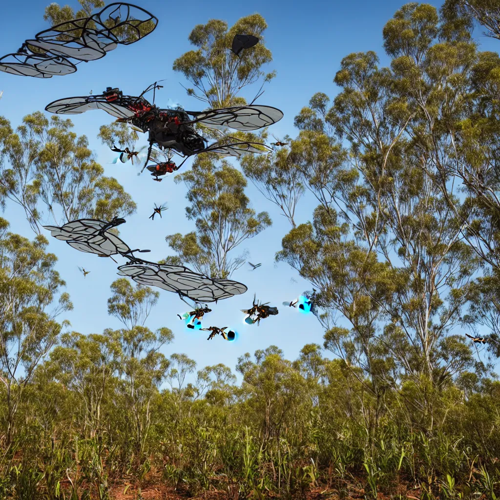 Image similar to biomimetic robot flying over a food forest, killing wasps with automatic lasers in the australian outback, XF IQ4, 150MP, 50mm, F1.4, ISO 200, 1/160s, natural light