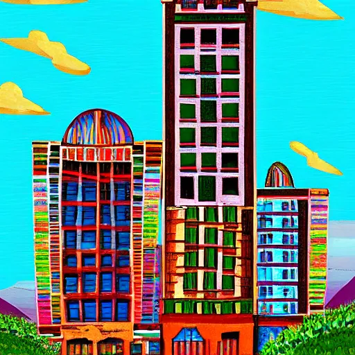 Prompt: An entire skyscraper in the style of a colorful and rustic Mexican village, digital art