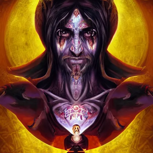 Prompt: 4K headshot portrait of godlike Warlock of Nazareth with defined arms and open hands and bloody clothes with giant mandala wings , intricate face , flawless anime cel animation by Kentaro Miura, psychedelic , highly detailed upper body , professionally post-processed , beautiful, scary, symmetry accurate features, epic, octane rendered, anime masterpiece, accurate by Craig Mullins, ilya kuvshinov, krenz cushart, epic , artgerm trending on artstation by Edward Hopper and Dan Mumford and WLOP and Rutkovsky, beksinski carl spitzweg moebius and tuomas kocar, intricate artwork by caravaggio, Unreal Engine 5, Lumen, Nanite