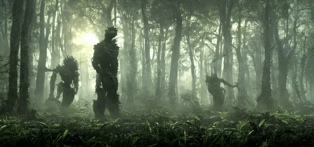 Prompt: a complex organic fractal 3 d metallic symbiotic ceramic humanoid megastructure creature in a swampy lush forest, foggy, sun rays, cinematic shot, isometric, photo still from movie by denis villeneuve, wayne barlowe