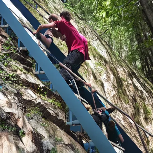 Image similar to three people trying to climb a latter at the same time