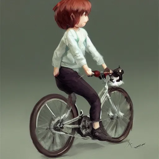 Image similar to head and shoulders masterpiece portrait of cute cat riding a bicycle, digital art by Krenz Cushart, trending on artstation