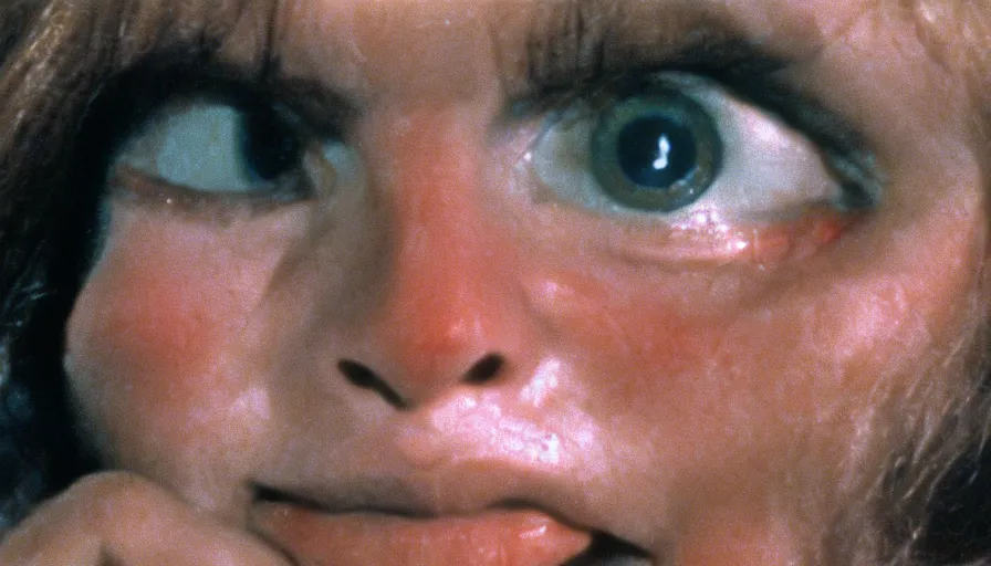 Prompt: 7 0 s film still from a horror movie of a young adult with toenails for eyelids, kodachrome, cinecolor, cinestill, photorealism, cinematic, film grain, film texture, vhs recording