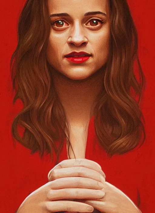 Image similar to twin peaks movie poster art, portrait of a smiling alicia vikander, from scene from twin peaks, clean, simple illustration, nostalgic, domestic, highly detailed, digital painting, artstation, concept art, smooth, sharp focus, illustration, artgerm, donato giancola, joseph christian leyendecker, wlop