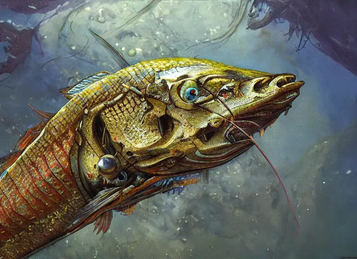 Prompt: macro closeup robotic pike fish, glowing veins, subsurface scattering, underwater, boston dynamics, by gerald brom, by mikhail vrubel, by peter elson, muted colors, extreme detail, trending on artstation, 8 k