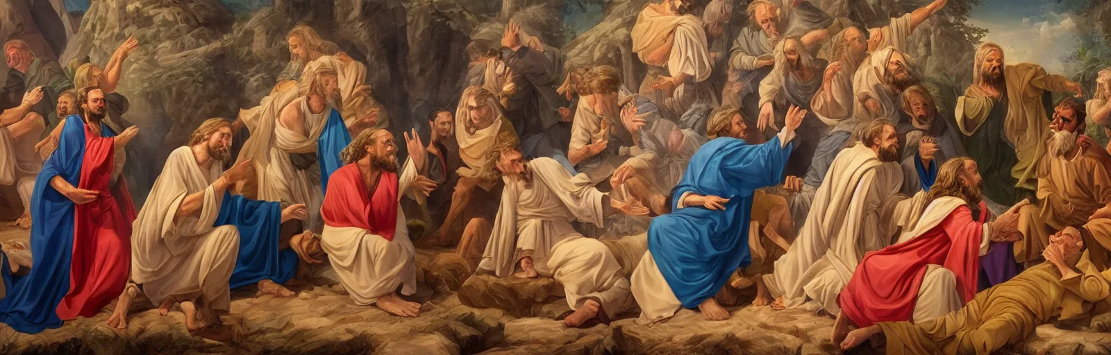 Prompt: Donald trump corrects Jesus in various situations in this highly detailed Mormon frieze