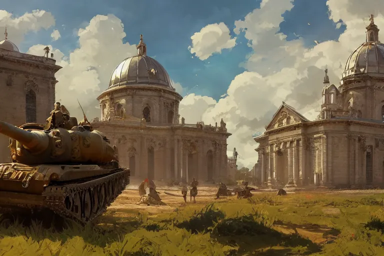 Image similar to an ornate baroque church built on top of a tank. scene in an open field. key visual, conceptart, ambient lighting, highly detailed, digital painting, artstation, concept art, sharp focus, by makoto shinkai and akihiko yoshida and greg manchess