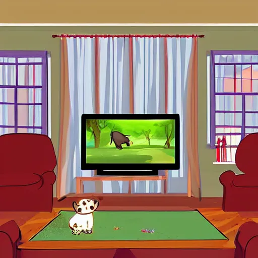 Image similar to a baby hippo lives in a cozy house. it likes to watch tv in the family room. digital art.