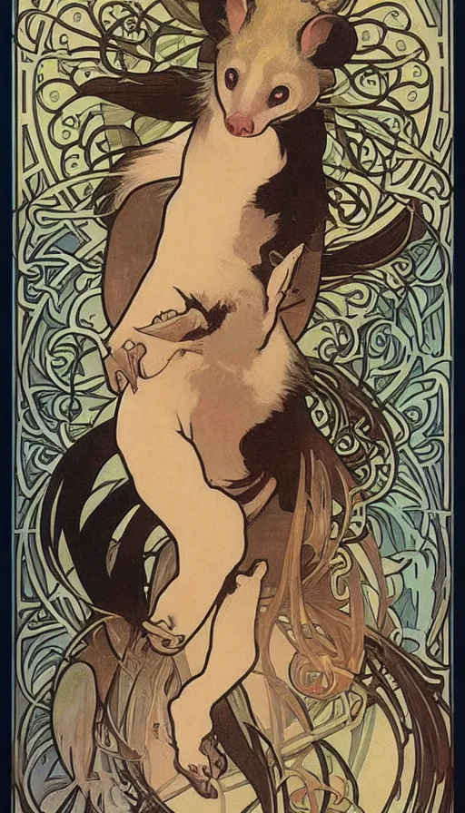 Image similar to poster of an opossum by Alphonse Mucha, Art Nouveau