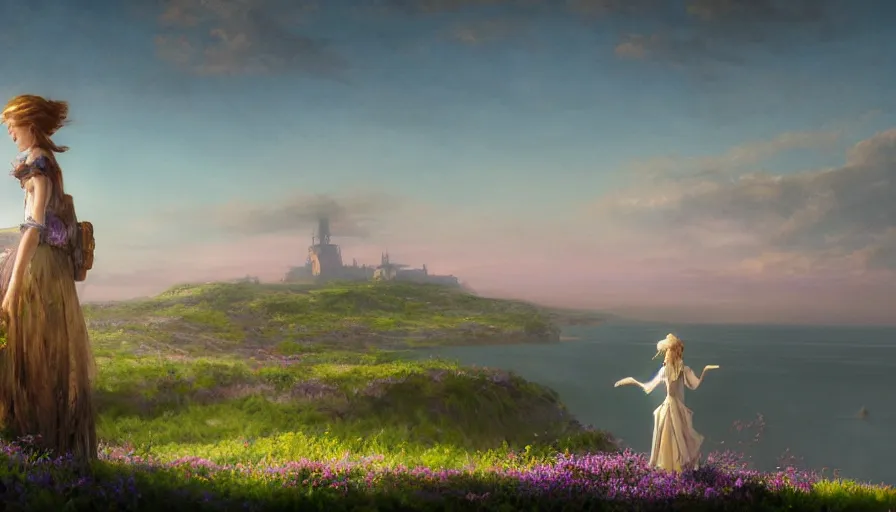 Image similar to over the shoulder landscape midjourney painting of violet evergarden standing on a distant colorful flower hill, behind it a distant old european city leiden from violet evergarden next to the reflecting ocean, ocean, sunshine, fantasy, intricate, elegant, highly detailed, digital painting, artstation, blender, unreal engine 5, octane render, smooth, sharp focus, illustration, by Anton Fadeev and Philipp A. Urlich and Pengzhen Zhang and Andreas Rocha