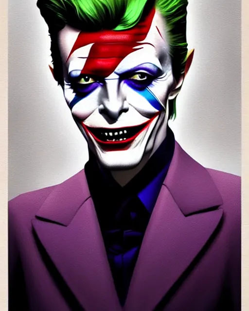 Image similar to character full body portrait of david bowie as the joker | | realistic shaded, unpleasant face, bad looking, fine details, realistic shaded lighting poster by greg rutkowski, magali villeneuve, artgerm, jeremy lipkin and michael garmash and rob rey