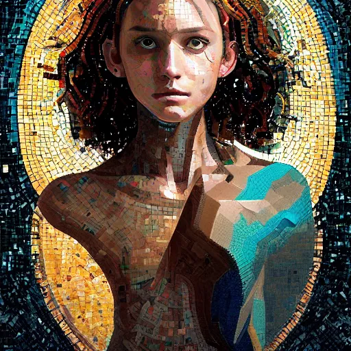 Image similar to mosaic portrait of a beautiful young girl with robot ears falling into the universe by greg rutkowski, 4k, intricate details, dichotomy