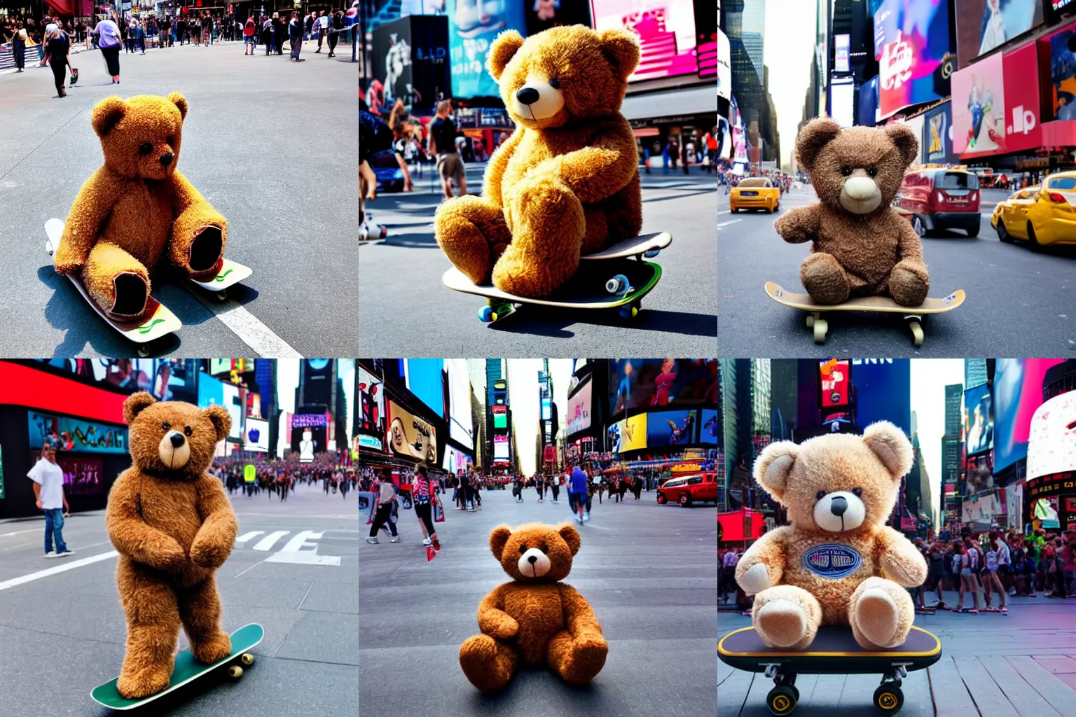 Prompt: photo of a teddy bear on a skateboard in times square