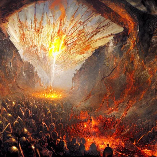 Prompt: dantes inferno, artstation hall of fame gallery, editors choice, #1 digital painting of all time, most beautiful image ever created, emotionally evocative, greatest art ever made, lifetime achievement magnum opus masterpiece, the most amazing breathtaking image with the deepest message ever painted, a thing of beauty beyond imagination or words