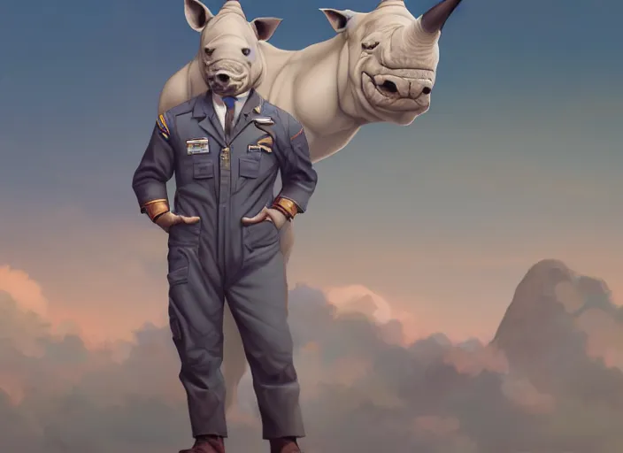 Image similar to character portrait feature of the anthro male anthropomorphic rhino fursona wearing airline pilot outfit uniform professional pilot character design stylized by charlie bowater, ross tran, artgerm, and makoto shinkai, detailed, soft lighting, rendered in octane, maldives in background