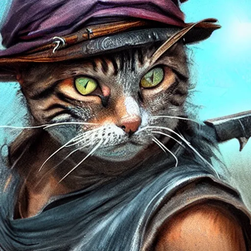 Image similar to a high detail shot of a dirty, homeless cat wearing rags, holstering sword, realism, 8 k, fantasy, d & d, concept art