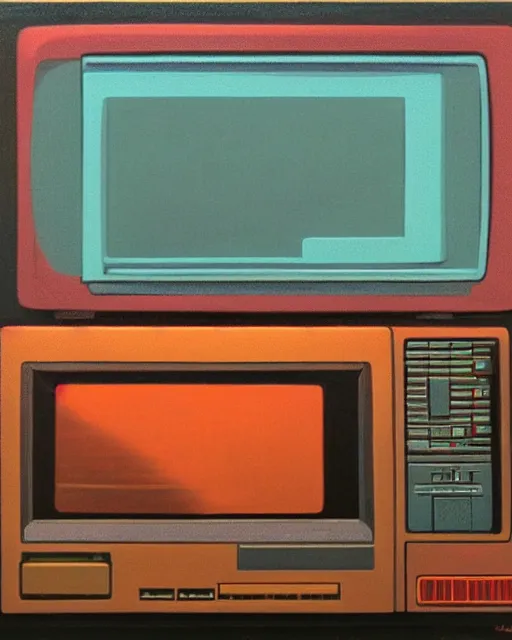 Image similar to a monitor amongst 8 0 s era technology, vintage shapes, retro technology, vintage color, wayne barlow, oil on canvas, deep depth of field, masterpiece, cinematic composition, hyperdetailed