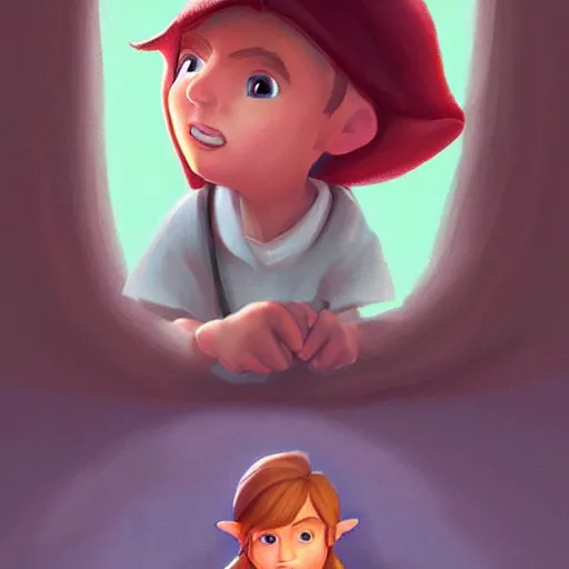 Prompt: little boy character inspired in little hood red and link from legend of zelda, digital artwork made by lois van barlee and rhads