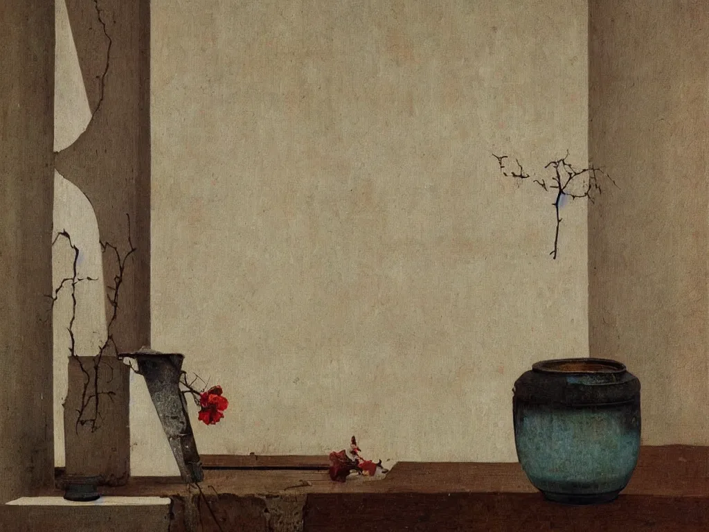 Prompt: Old ravaged house without a roof in which it snows inside. Melancholy man. Vase with wilted flowers. Painting by Georges de la Tour, Alex Colville