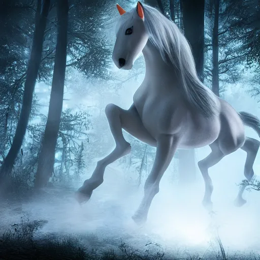 Prompt: Ghost horse, running through a dark forest, whispy trail, high quality render, unreal engine, 4k, trending on artstation