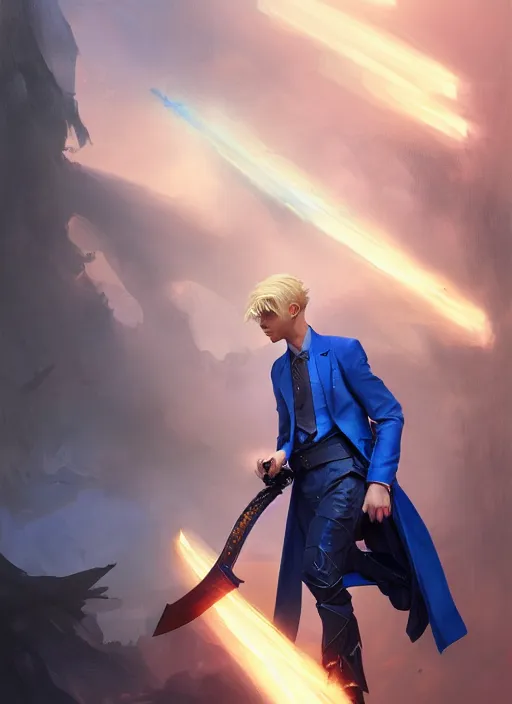 Image similar to side profile of a man with blonde hair in a blue suit wielding a large sword and a gun in a holster, fantasy, digital painting, volumetric light, intricate, sharp, focus, bloom, illustration, highly detailed, concept art, matte, ruan jia, randy vargas, greg rutkowski