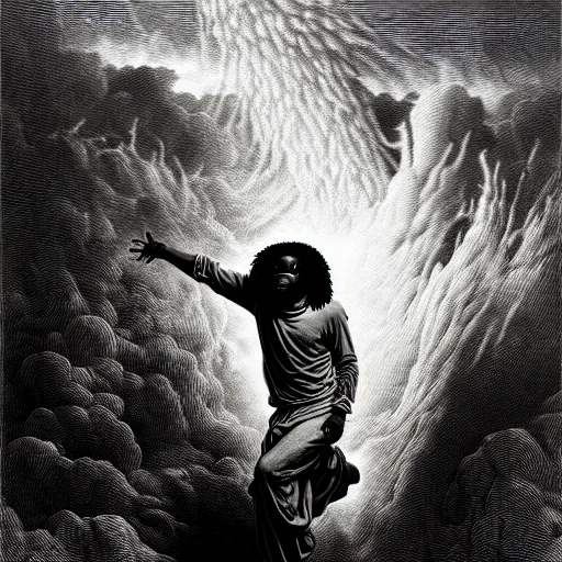 Image similar to cheef keef ascending into heaven holding cough syrup, biblical image, style of gustave dore, highly detailed, beautiful, high contrast, black and white