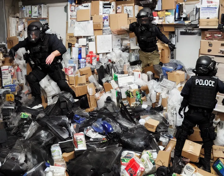 Image similar to Alex Jones in his garage office INFOWARS studio Alex Jones fighting SWAT police, surrounded by boxes of herbal supplements and trash, a group of SWAT police, tear gas and smoke, detailed photograph high quality