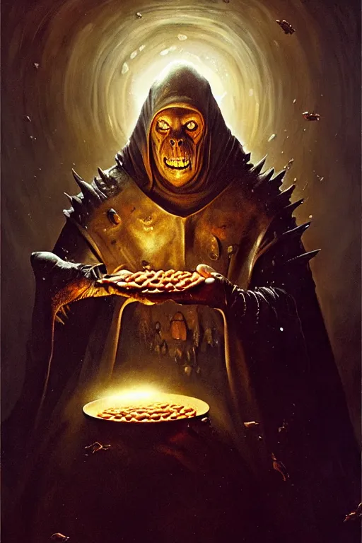 Prompt: hieronymus bosch, greg rutkowski, anna podedworna, painting of arthas menethil the lich king eating baked beans