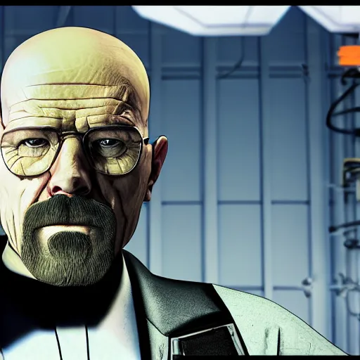 Prompt: heisenberg from breaking bad using a h. e. v. suit from half life, ultra detailed, photography, half life, valve