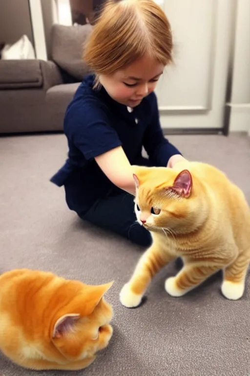 Image similar to a girl is playing with a cute golden shaded british shorthair cat, created by ryo