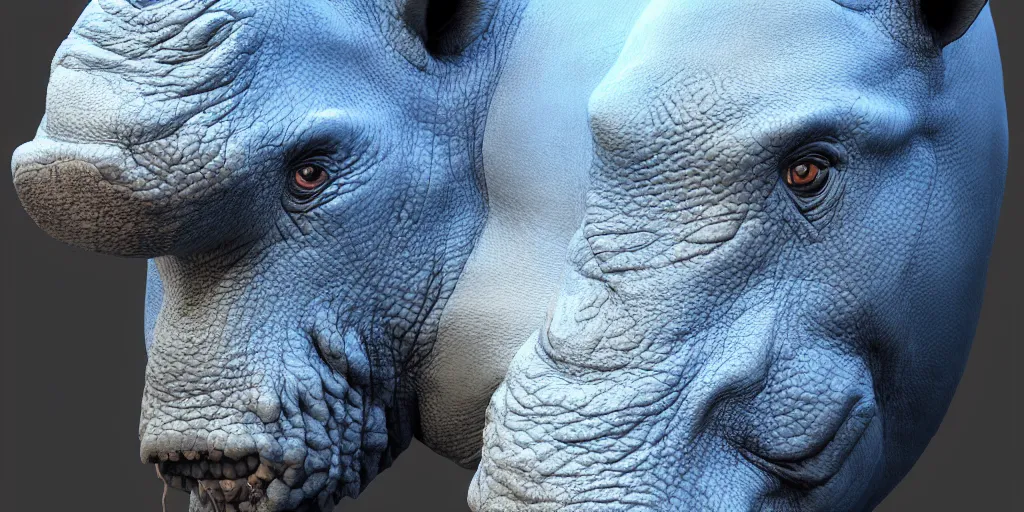 Image similar to hyperrealistic bust portrait of an anthropomorphic blue Rhinoceros wearing plate paladin armor, forward angle, stunning 3d render inspired art by Tooth Wu and beeple, greg rutkowski and artgerm and justin gerard + perfect facial symmetry + dim volumetric lighting, 8k octane beautifully detailed render, post-processing, extremely hyperdetailed, intricate complexity, epic composition, grim yet sparkling atmosphere, cinematic lighting + masterpiece, trending on artstation
