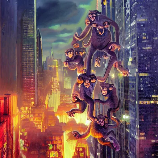 Prompt: a group of angry monkeys attack manhattan, dramatic painting, trending on artstation, 4 k, concept art