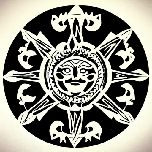 Prompt: tattoo design, stencil, a single eye in the centre of the sun with ancient symbols flowing around it