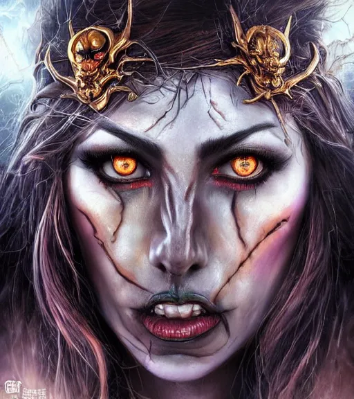 Image similar to a higly detailed airbrush full body shot and face portrait painting of a grim female sorceress with piercing eyes beautiful eyes, dynamic lighting, ambient lighting, deviantart, art by artgerm and simon bisley and karol bak