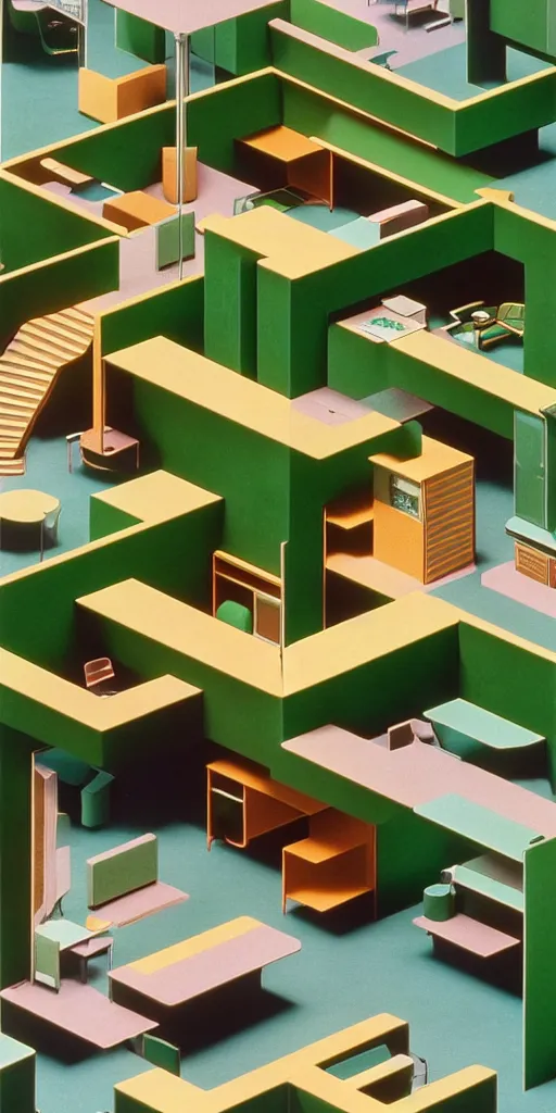 Image similar to huge sprawling gargantuan angular dimension of infinite indoor landscape 7 0 s green velvet and wood with metal office furniture. surrealism, mallsoft, vaporwave. muted colours, 7 0 s office furniture catalogue, shot from above, endless, neverending epic scale by escher and ricardo bofill