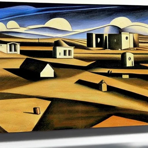 Prompt: dreaming futuristic rural landscape with modern houses, painted by Giorgio de Chirico, highly detailed