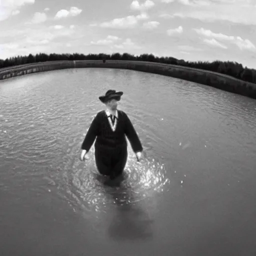 Prompt: grainy security cam footage still of Augustus Gloop in the chocolate river in Willy Wonka's Chocolate Factory, extreme wide angle