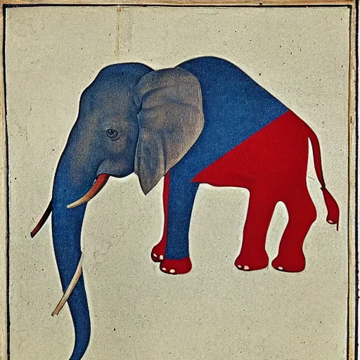 Image similar to elephant, red white blue, hieronymus bosch