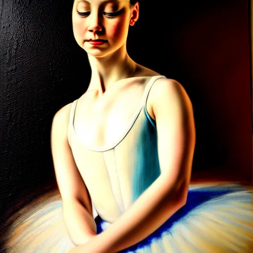 Image similar to portrait of a ballerina, very thick and wet oil paint, 8 k, cinematic light, shadows, reflection highlights in the paint, in the style of joseph lee,