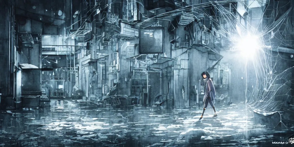 Image similar to anime movie scene, mamoru oshii, otomo, ultra wide, vanishing point, hoody woman explorer, watercolor, spiderwebs, arachnophobia, dripping, sewer pipe entrance, giant spider forground, sun beam, dusty volumetric light, back lit, paper texture, puddles, deserted shinjuku junk, brutalist, golden ratio