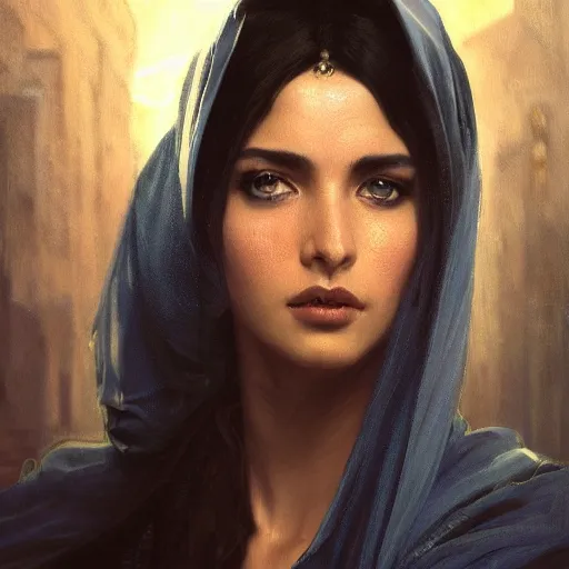 Image similar to a Photorealistic dramatic hyperrealistic render of an arab ameera al taweel, blue eyes, black hair, white veil,by WLOP,Artgerm,Greg Rutkowski,Alphonse Mucha, Beautiful dynamic dramatic dark moody lighting,shadows,cinematic atmosphere,Artstation,concept design art,Octane render,8K