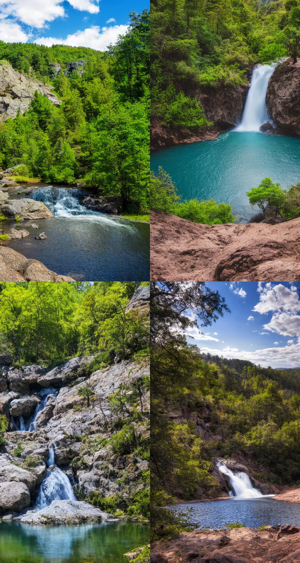 Prompt: Beautiful landscape photograph of small waterfall, lake in foreground, dusty rock in background, trees in background, blue sky with some clouds, 4k, wallpaper