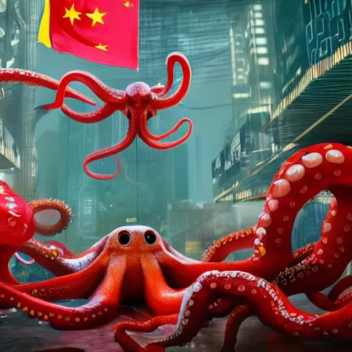 Prompt: Illustration of the Chinese communist party as a dirty octopus with lots of tentacles, dystopian, dirty, 3d shaded, cyberpunk, volumetric lighting, cgsociety, octane render, imax, highly detailed, 8k,