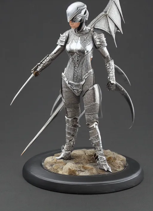 Image similar to 80mm, resin detailed model figure of a female wearing a silver dragon armor without helmet