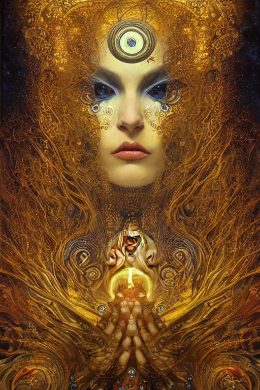 Image similar to Divine Chaos Engine by Karol Bak, Jean Deville, Gustav Klimt, and Vincent Van Gogh, beautiful visionary mystical portrait, sacred, otherworldly, fractal structures, ornate gilded medieval icon, third eye, spirals