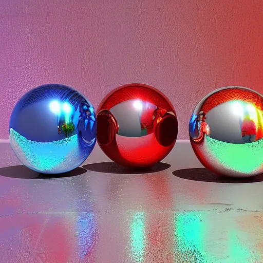 Prompt: chrome spheres on a red cube, holography