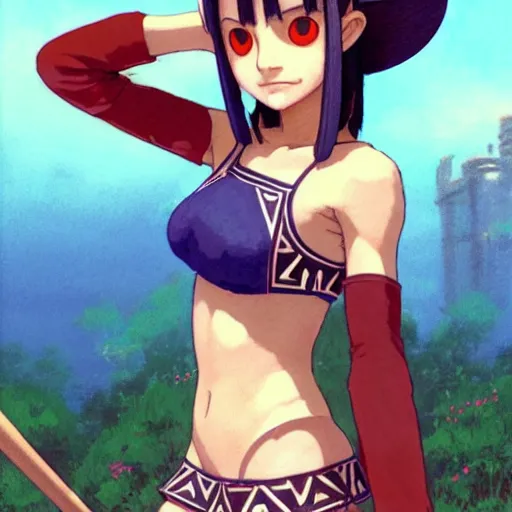 Image similar to beautiful boyish natalie portman alluring gravure model in majora's mask, wearing wooden mask and baseball cap and leotard, street wear with subtle mayan patterns, aztec bathing suit, gapmoe yandere grimdark, trending on pixiv fanbox, painted by greg rutkowski makoto shinkai takashi takeuchi studio ghibli, akihiko yoshida