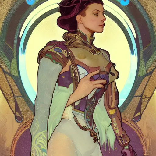 Image similar to portrait of a female space explorer, D&D, fantasy, elegant, hopeful, cosmic, muscular, highly detailed, digital painting, artstation, concept art, sketchy linework, sharp focus, illustration, art by alphonse mucha and peter mohrbacher