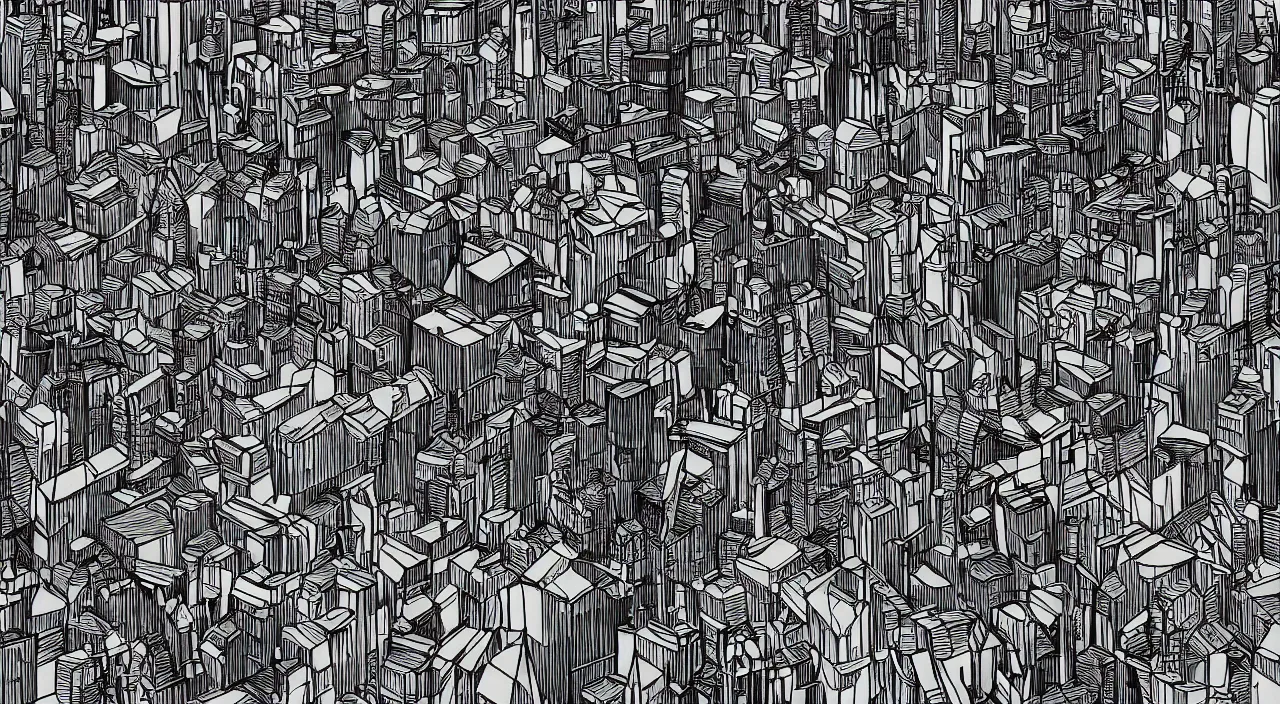 Image similar to axon drawing of a fictional dense city, in vector drawing style of charles williams