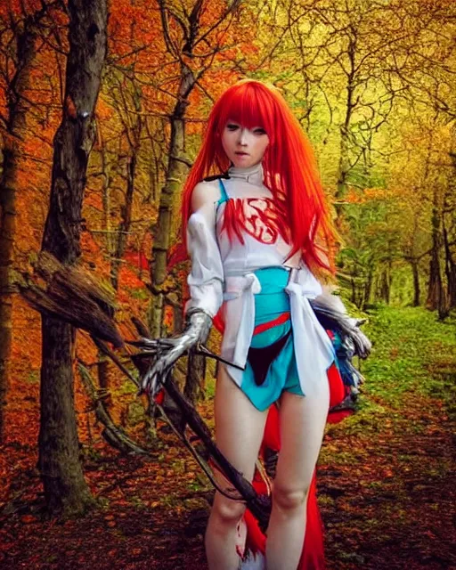 Image similar to very beautiful and cute Asuka Langley (face by Ross Tran) from neon genesis evangelion as a real slavic person dressed as a slavic priestess in holy birch forest in spring, 35mm, iPhone photo, HDR, DSLR, cinematic, trending on Instagram, 8k, 4k